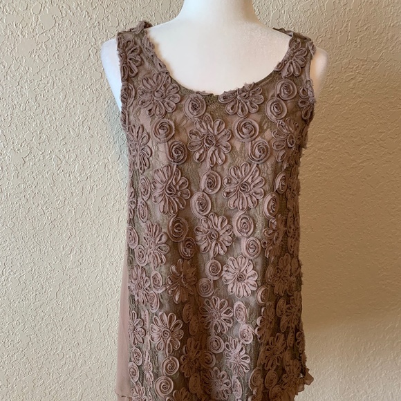 Pretty Angel Tops - Pretty Angel Appliqué Ruffle Silk Taupe Sheer Sleeveless Tank Tunic Top